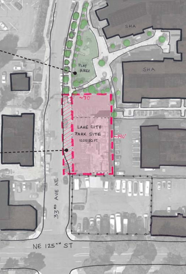 A map showing the location of the future Lake City Park on 33rd Ave NE near NE 125th St. There is an existing play area north of the future park as well as a Seattle Housing Authority complex. Parking lots are located to the south and east of the park.