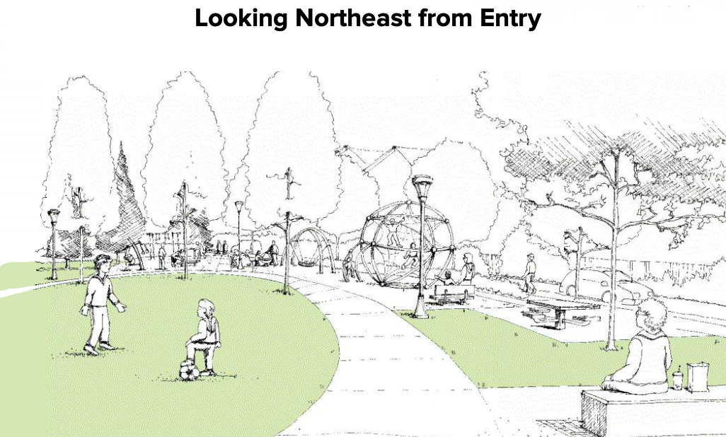 A drawing shows a potential view from the North East entry where it is possible to observe children playing soccer in the central lawn, person seated on a bench eating, and families playing near a climbing structure and other play equipment.