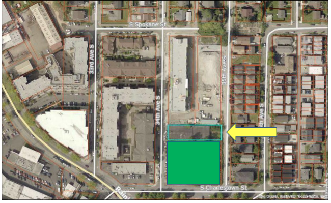 A bird's eye view of a photo map shows the location of the South Charleston park and the adjacent rectangular shaped parcel of land that will increase the park's size.