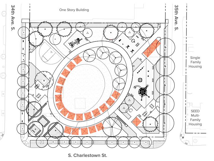 A drawing of the future South Charleston Park depicts where tents could be located during future festivals and community events. The majority of the tents are located in a ring encircling about one half of the oval shaped central long, although a few tent spaces are designated near the park's edges as well.