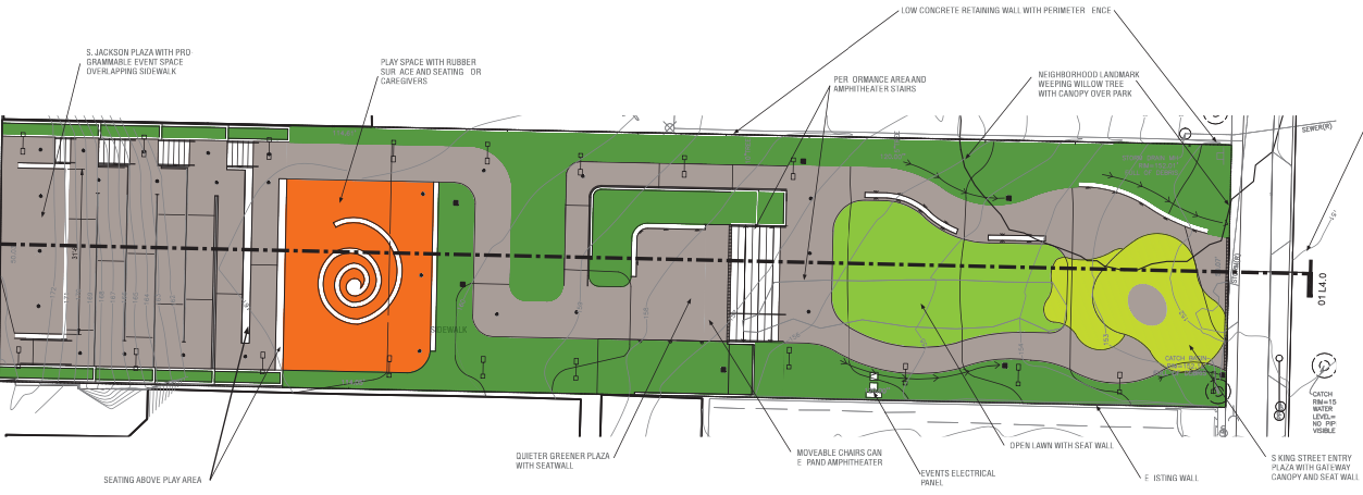 A rendering depicts the layout of the future park with park elements. Key park elements will include a South King Street entry plaza, an open lawn with seating, a performance area with amphitheater seating, a play area with a rubber surface and seating, and a Jackson Street plaza and programmable event space.