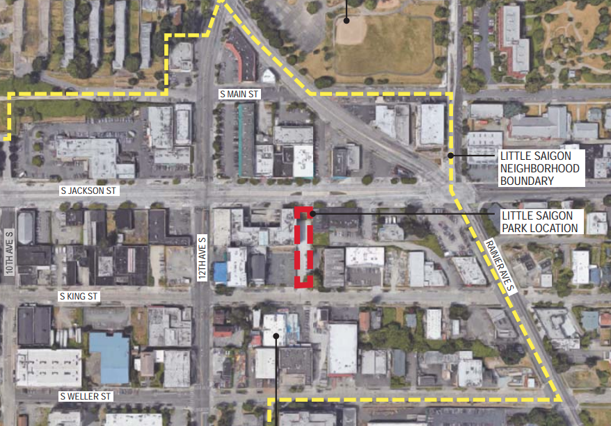 An aerial photo map illustrates where the future park will be located in Little Saigon on a narrow parcel of land between South Jackson Street and South King Street. The future park is identified by a red border and the boundaries for the Little Saigon neighborhood are denoted by a yellow border. The neighborhood boundaries run on Rainier Avenue South and South Main Street.