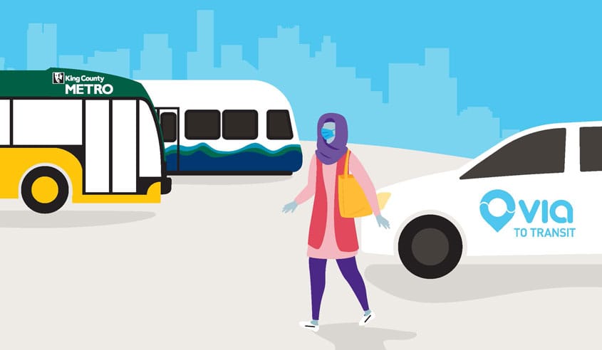 
                     A cartoon-style graphic shows a woman in a headscarf next to a Via van with a Metro bus and Link train in the background.
                     