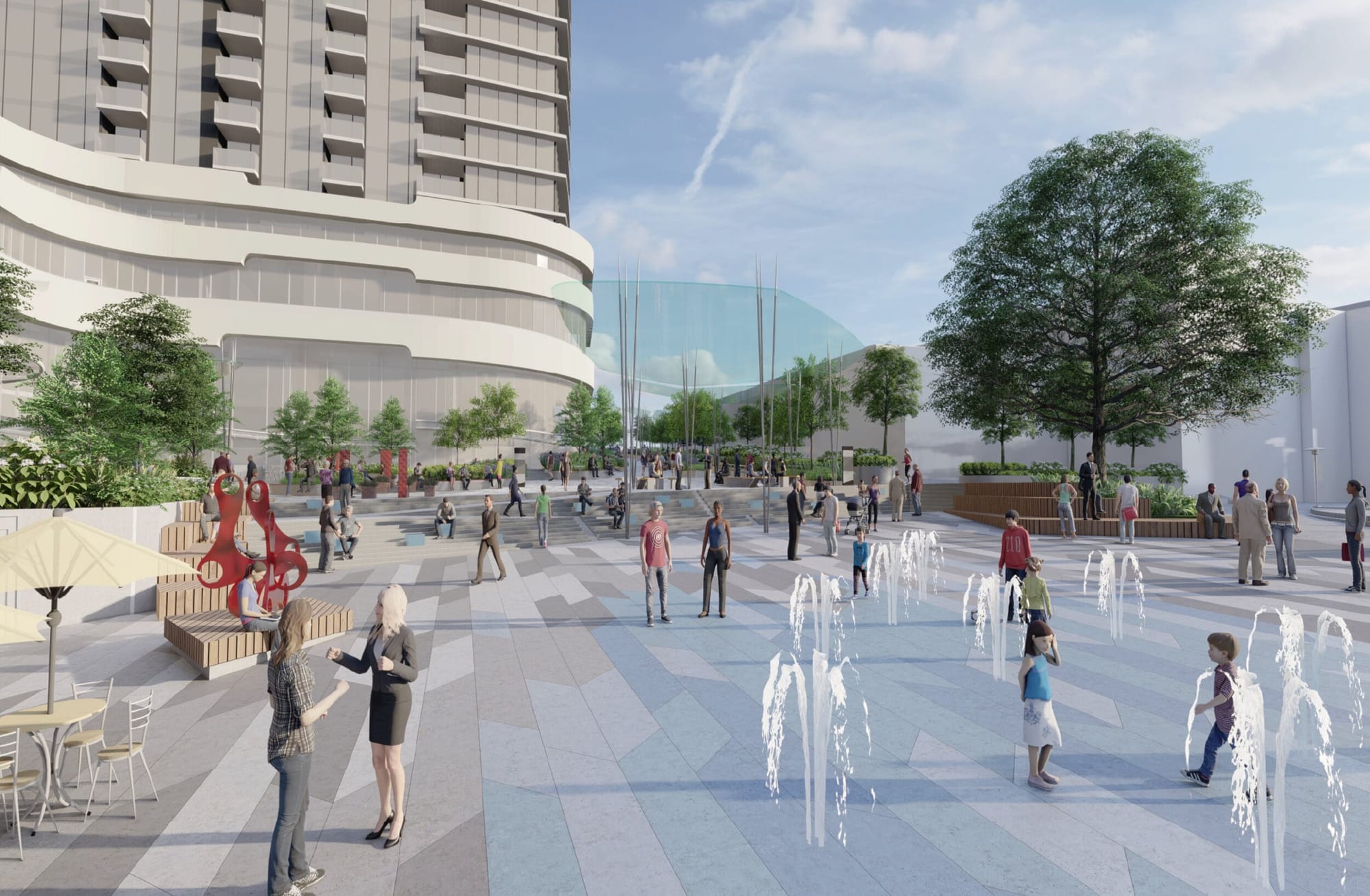 A rendering of proposed Compass Plaza with a water play feature in front of the Onni development.