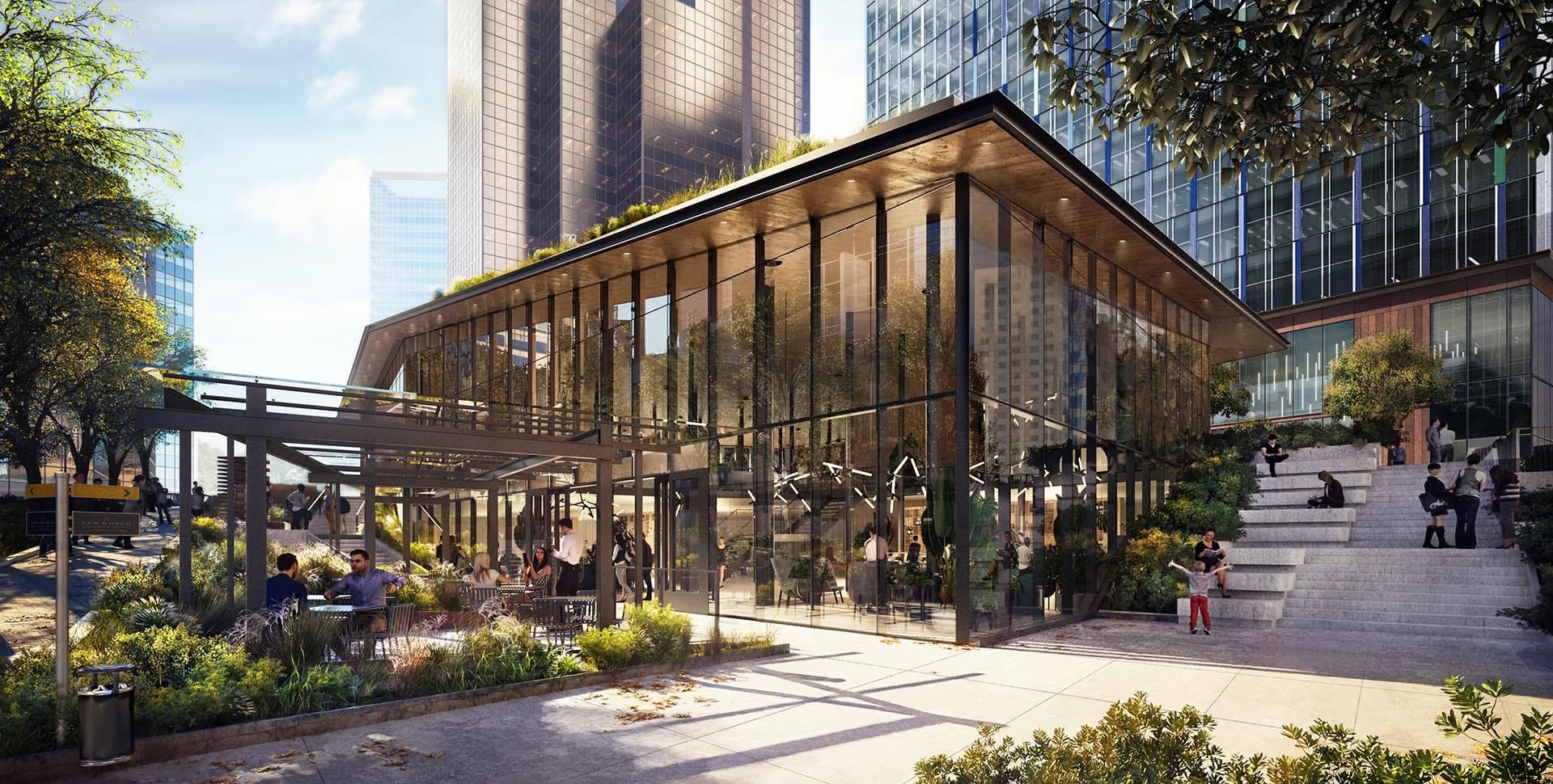 A rendering of the ground level pedestrian experience of 555 Tower with a permeable interface with large windows, covered outdoor seating, and vegetation.