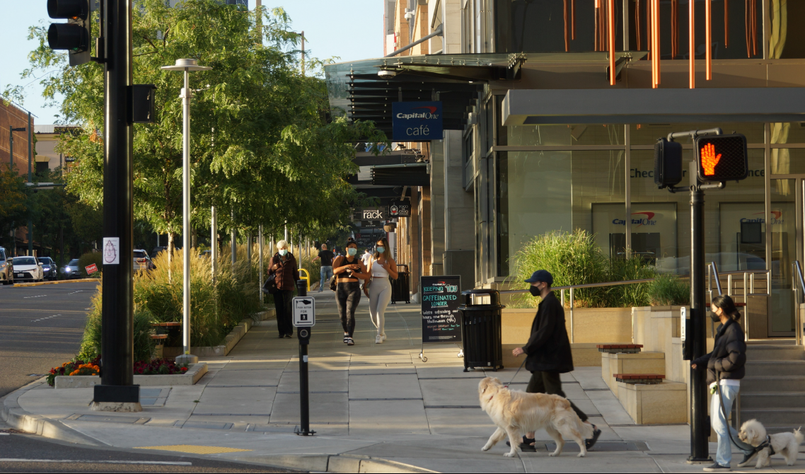 A photo of a sidewalk in front of commercial buildings with planters separating it from the street.