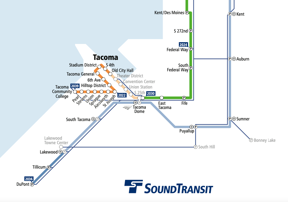 A map of the proposed Link routes in Tacoma and stations.