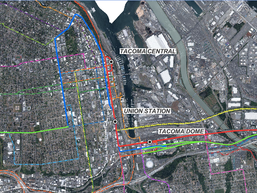 A map showing transit routes through Tacoma with lines identified by different colors.