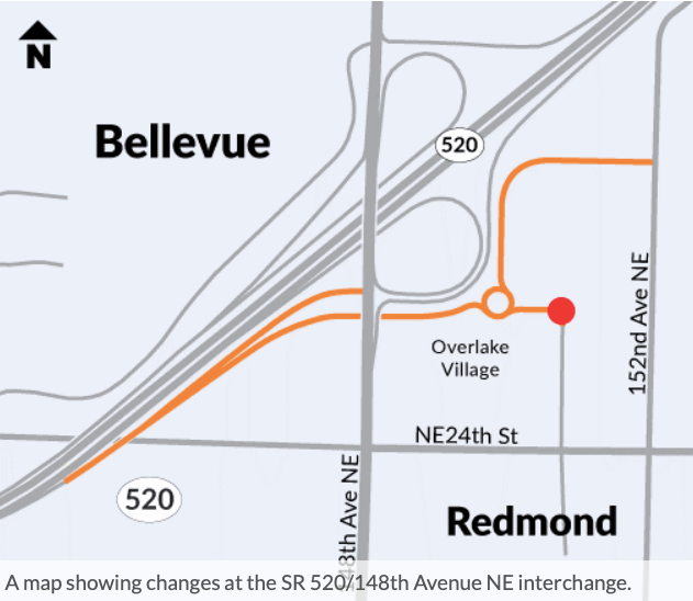 A map showing the location of the Overlake Village to to SR 520. 
