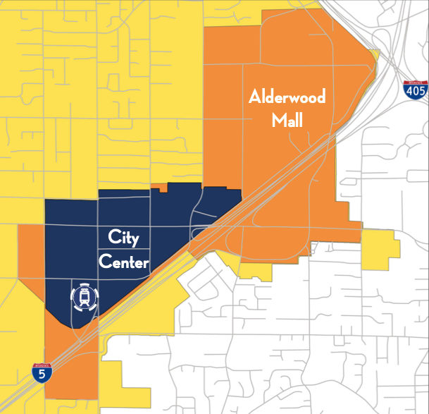 A map of the City Center and Alderwood mall targeted for urban growth in Lynnwood.