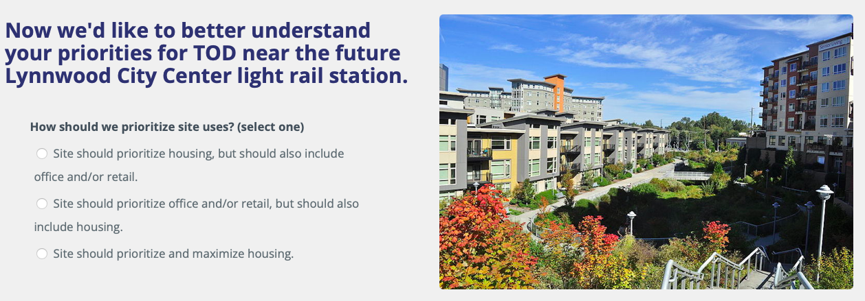 An example of a question from the Sound Transit survey with a photo of housing and park space.