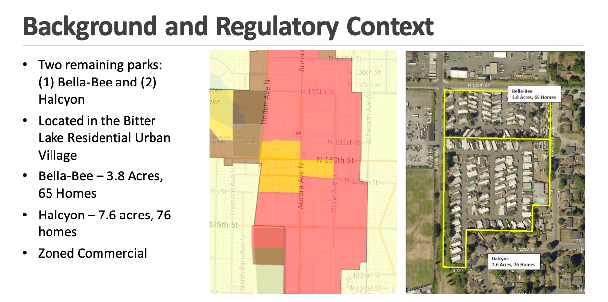 A map of the mobile home park sites, aerial photo, and description of the sites. Bella-B is 3.8 acres, 65 homes, Halcyon is 7.6 acres and 76 homes. The land is zoned as commercial.