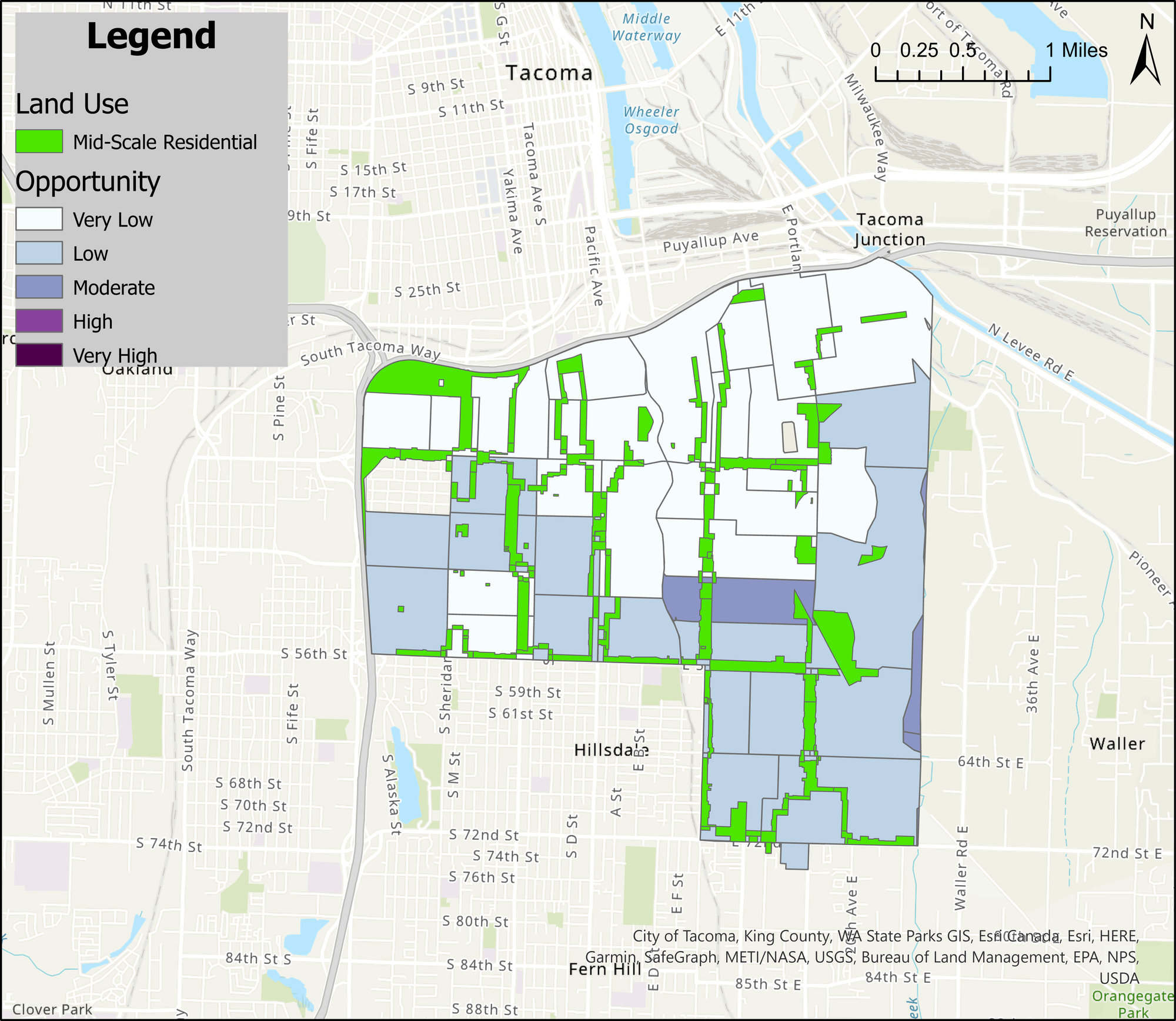 A map overlaying access to opportunity and Mid-Rise zones in City Council District 4. 
