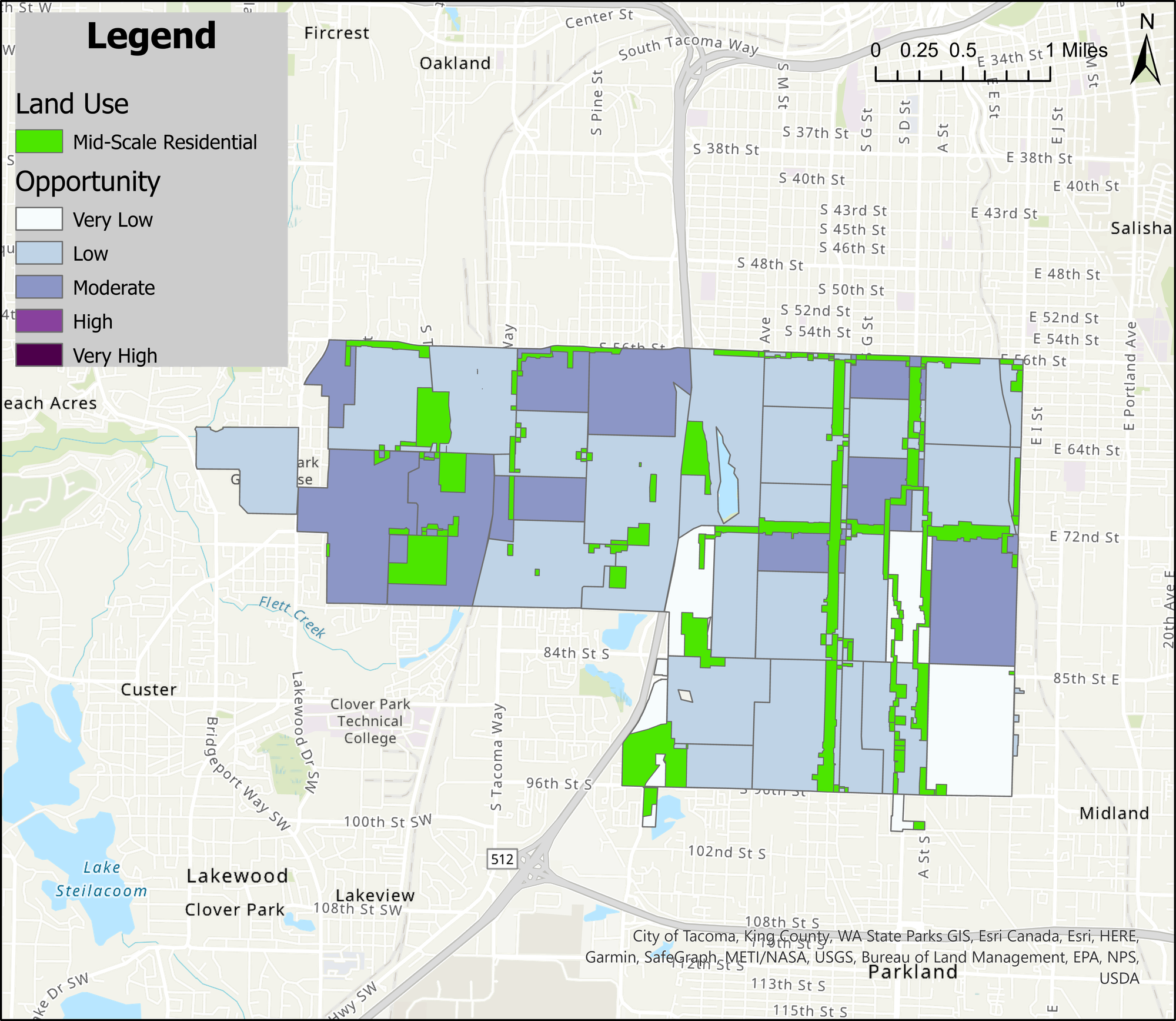 A map overlaying access to opportunity and Mid-Rise zones in City Council District 5. 