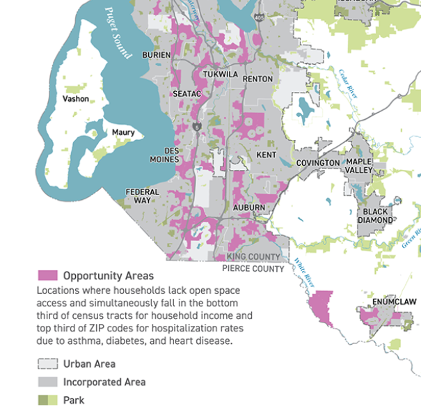 A map of South King County identifying areas that lack open space access. 
