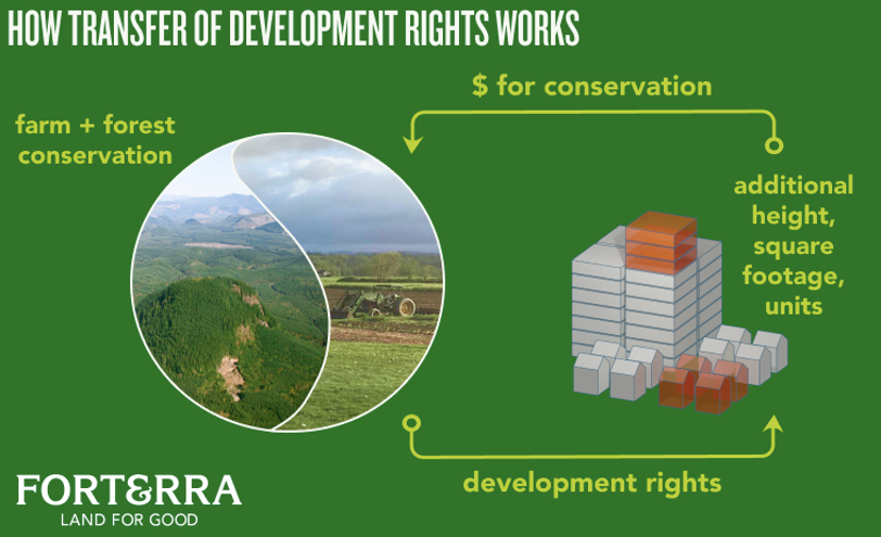 A graphic illustrating how transfer of development rights work. 