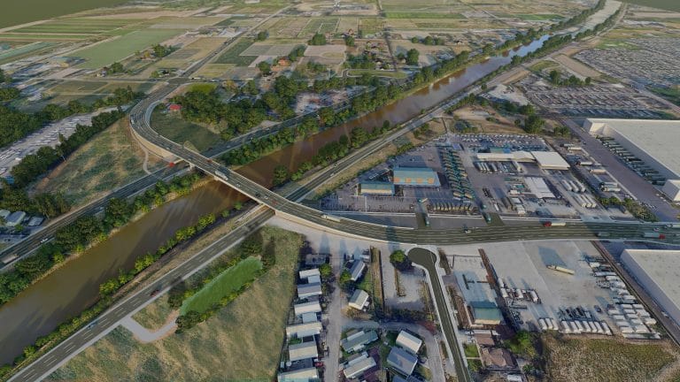 An aerial rendering of a new bridge over the Puyallup River