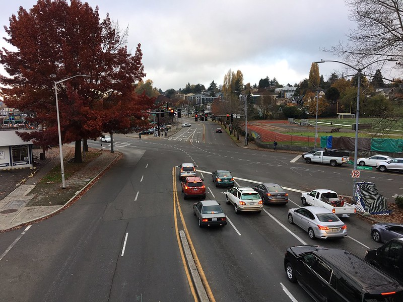 Aerial view of a massive intersection, seven lanes and five lanes, at Rainier and MLK