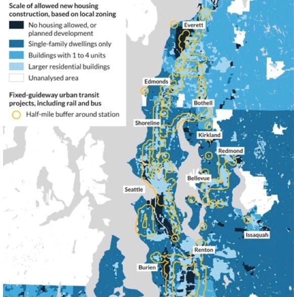 The half-mile radius of high capacity transit is outlined in yellow, covering a large portion of the region. 