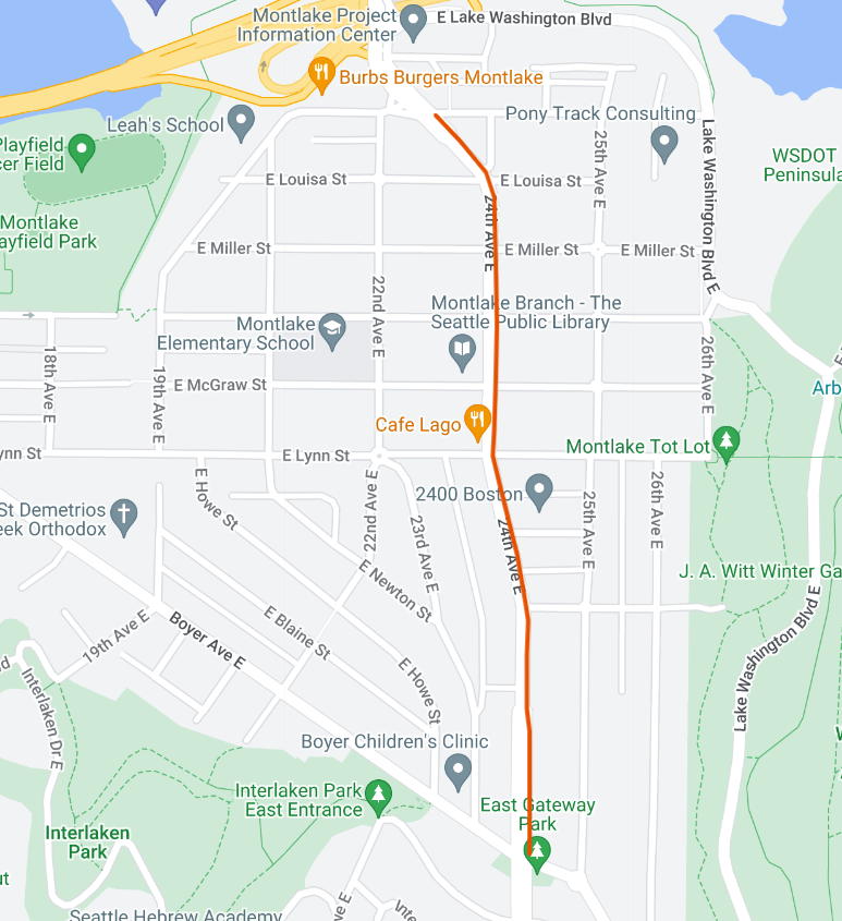 A map showing where the northbound bus lane could go on 24th Ave E between Boyer and Roanoke