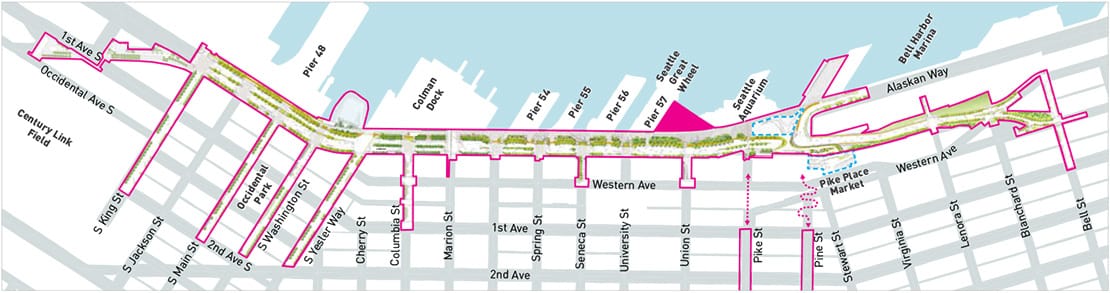 A map of the waterfront shows the piers and expanded aquarium interconnected via a reconstructed Alaskan Way green boulevard. However, the road will be nine lines at its widest so may not feel as "green" in practice.