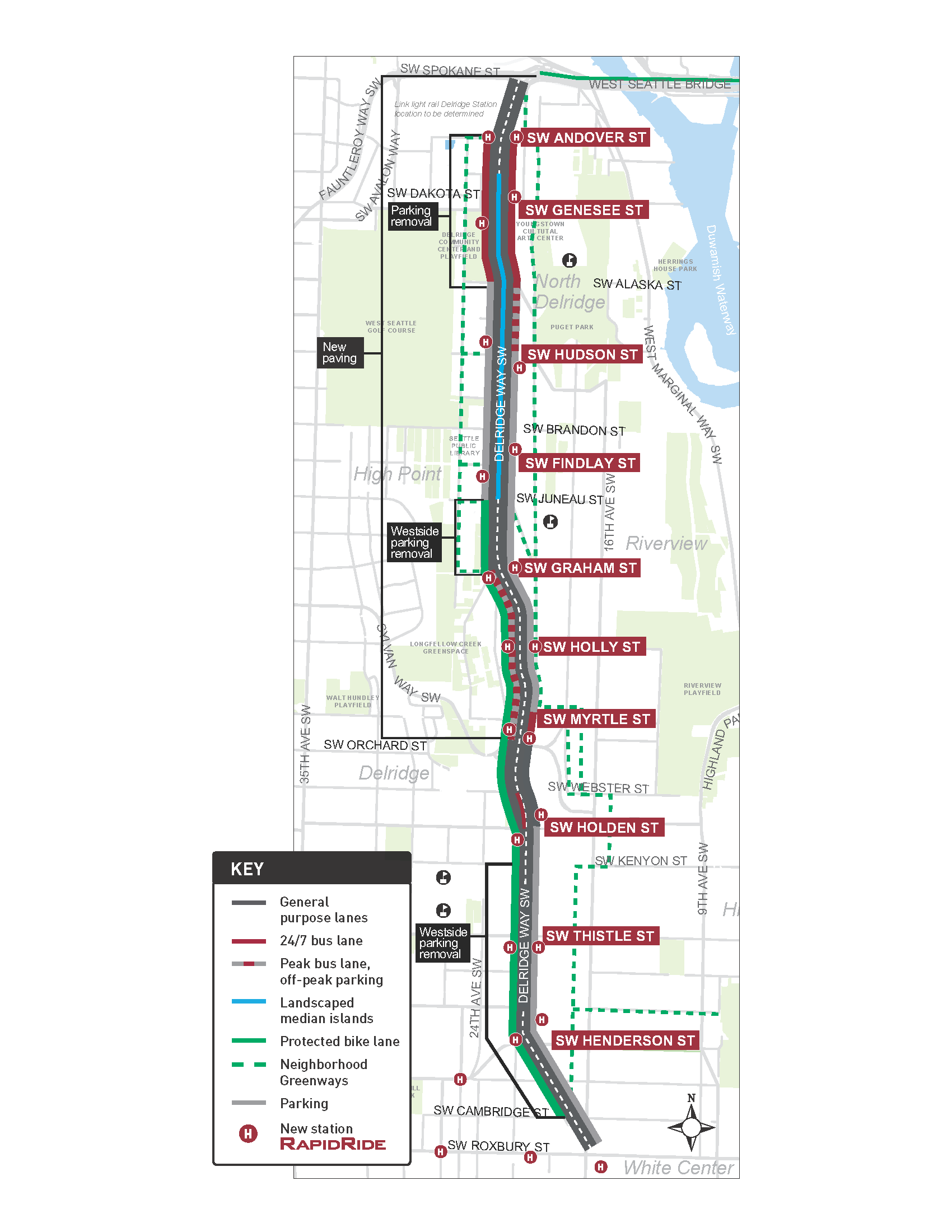 Delridge Way with various street improvements including bus lanes and 