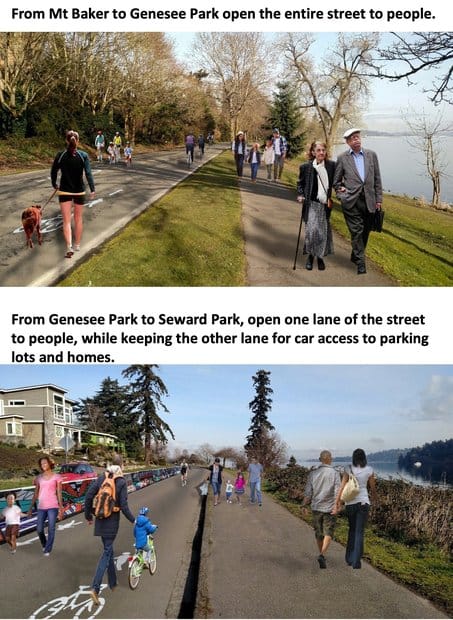 a before and after rendering off what it would look like to take a lake of the street for walking and biking