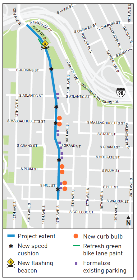 Map showing 15th Avenue South safety improvements that include curb bulbs, green bike lane paint and a new flashing crosswalk beacon light. 