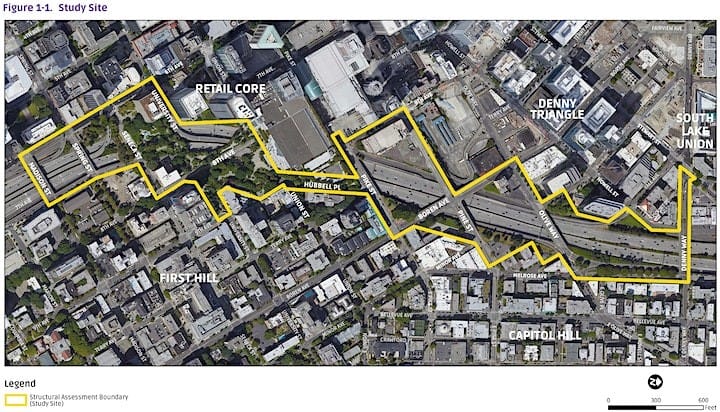 Aerial photo of I-5 through Seattle showing a study area to lid or cover the freeway. 