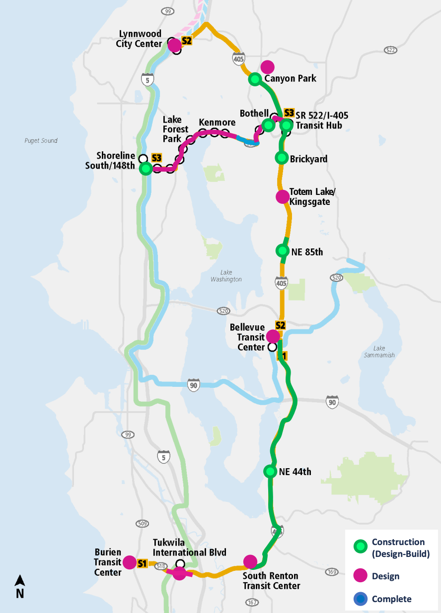 Sound Transit Map with green route showing design build phase of development, red for design phase, and blue for completed phases of the Stride transit lines. For S1 Line, the delayed segments are all in the southern end, while for S2 and S3 problems have emerged in multiple points.