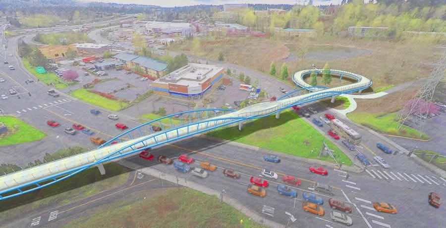 Proposed Totem Lake Connector overpass bridge that crosses the Totem Lake Boulevard and NE 124th Street intersection.