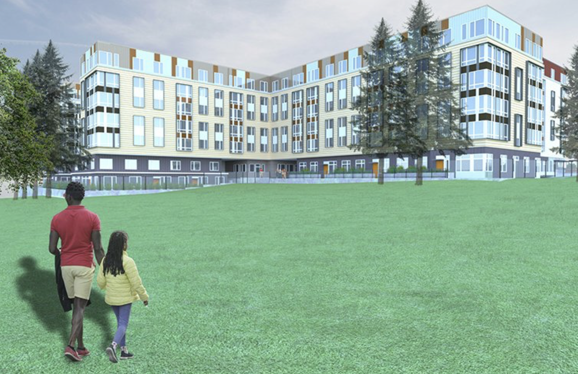 A man and girl walk in a green field in front of a modern multi-family building near trees.