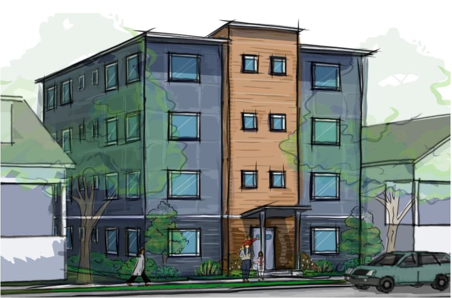 A watercolor style rendering shows a four story building with trees and residents standing in front.