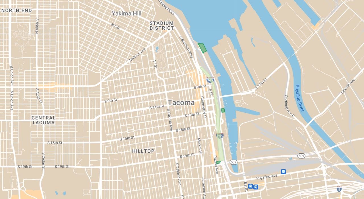 The map shows a stretch of I-705 a little over a mile long is indicated for removal, stretching from SR-509 north to Schuster Parkway. This is right between the heart of downtown Tacoma and the waterfront along Thea Foss Waterway.