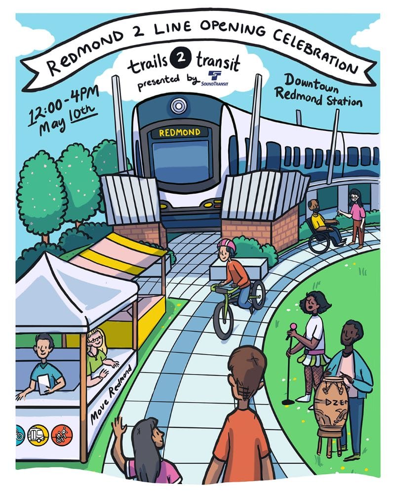 A cartoon-style illustration shows a diverse array of people around a light rail station with bikes, drums and vendor stalls.
