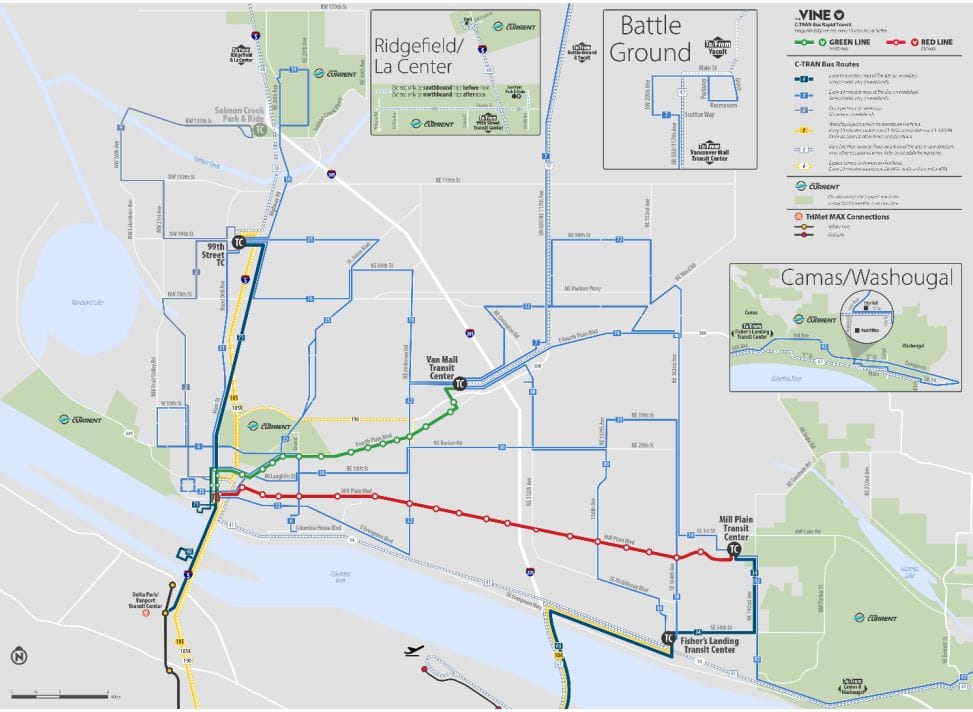 The Vine Red Line runs east to Mill Plain Transit Centerr. The Vine Blue Line runs north to Vancouver's 99th Street Transit Center.