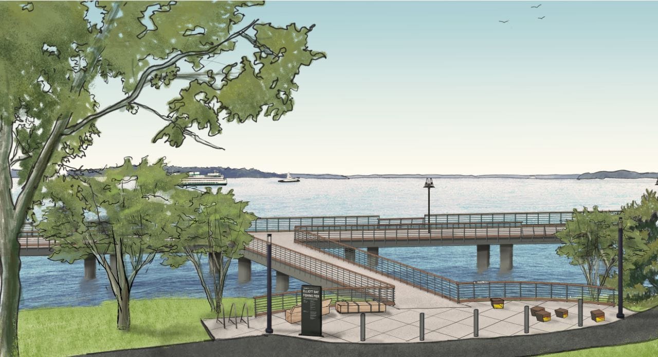 A T-shapred pier juts out into Elliott Bay with trees along the shore.