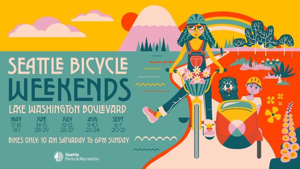 A graphic shows a young woman biking with a friend and her dog in the sidecar riding along Lake Washington with Mont Rainier and a rainbow on the horizon.