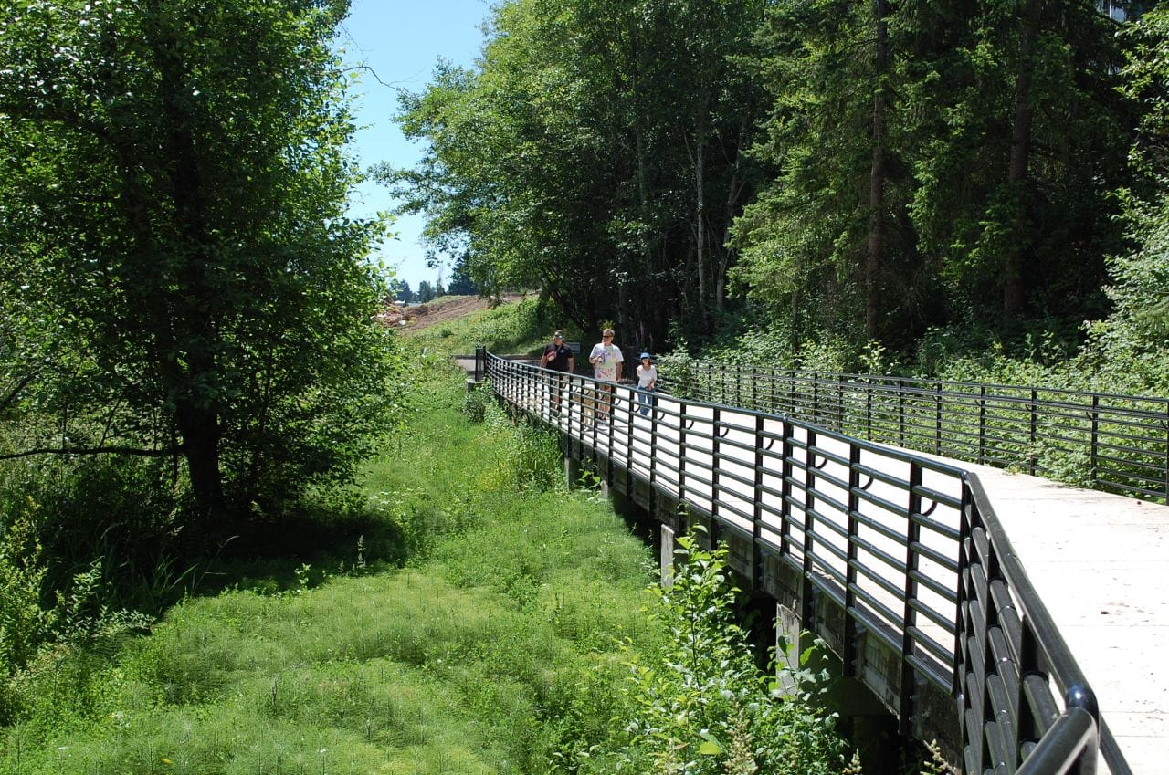 Three people walk on the trail in the distance with thick trees on either side.