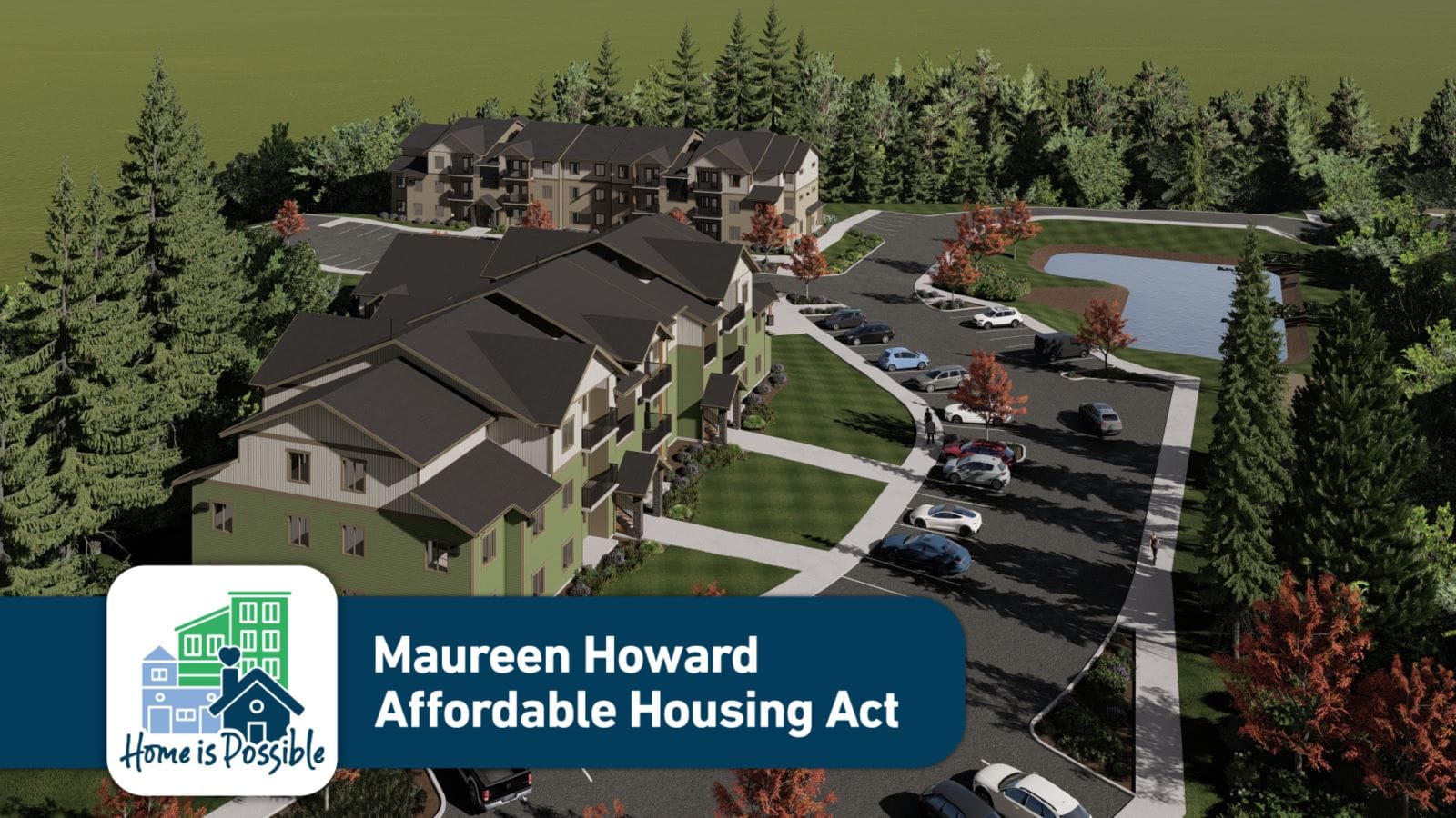 A rendering shows a suburban style apartment complex with green lawns and a grove of trees in the distance.